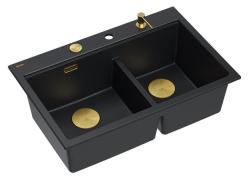 Quadri Hard Rock Doppeltes Schwarzes Granit-Aufbauspülbecken 76x50 cm mit goldenem Stopfen und Zubehör 1208971395