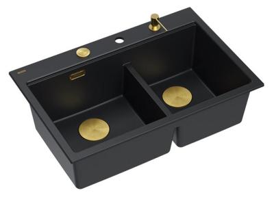 Quadri Hard Rock Doppeltes Schwarzes Granit-Aufbauspülbecken 76x50 cm mit goldenem Stopfen und Zubehör 1208971395