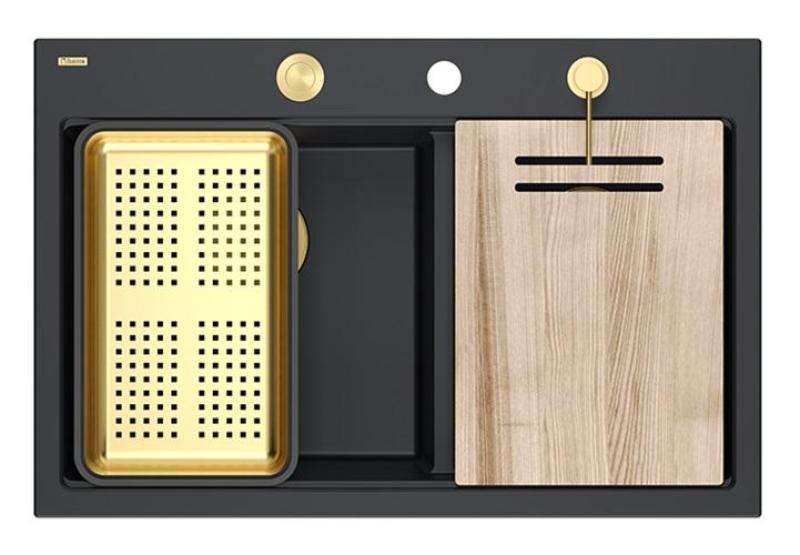 Quadri Hard Rock Doppeltes Schwarzes Granit-Aufbauspülbecken 76x50 cm mit goldenem Stopfen und Zubehör 1208971395