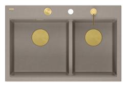 Quadri Hard Rock Doppel Taupe Granit Aufbau Spülbecken 76x50 cm mit goldenem Stecker und Zubehör 1208971396