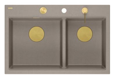 Quadri Hard Rock Doppel Taupe Granit Aufbau Spülbecken 76x50 cm mit goldenem Stecker und Zubehör 1208971396