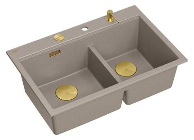 Quadri Hard Rock Doppel Taupe Granit Aufbau Spülbecken 76x50 cm mit goldenem Stecker und Zubehör 1208971396