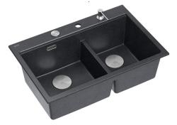 Quadri Hard Rock Doppel Anthrazit Granit Aufbauwaschbecken 76x50 cm mit Edelstahlstöpsel und Zubehör 1208971399