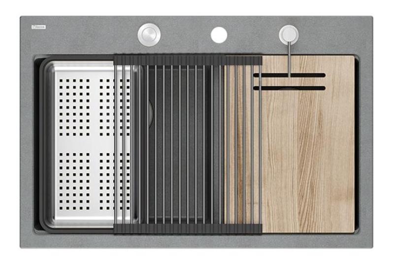 Quadri Hard Rock Doppelte Graue Granit Aufbau Spüle 76x50 cm mit Edelstahlstecker und Zubehör 1208971400