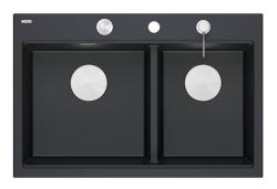 Quadri Hard Rock Doppeltes Schwarzes Granit Aufbauspüle 76x50 cm mit Edelstahl-Stopfen und Zubehör 1208971401