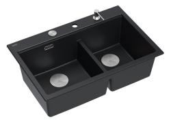Quadri Hard Rock Doppeltes Schwarzes Granit Aufbauspüle 76x50 cm mit Edelstahl-Stopfen und Zubehör 1208971401