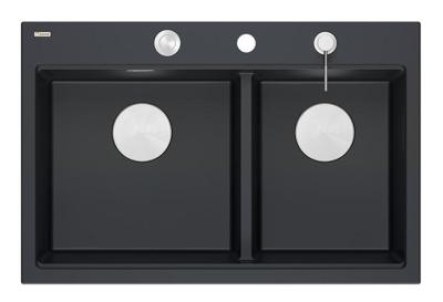 Quadri Hard Rock Doppeltes Schwarzes Granit Aufbauspüle 76x50 cm mit Edelstahl-Stopfen und Zubehör 1208971401