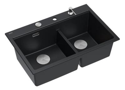 Quadri Hard Rock Doppeltes Schwarzes Granit Aufbauspüle 76x50 cm mit Edelstahl-Stopfen und Zubehör 1208971401