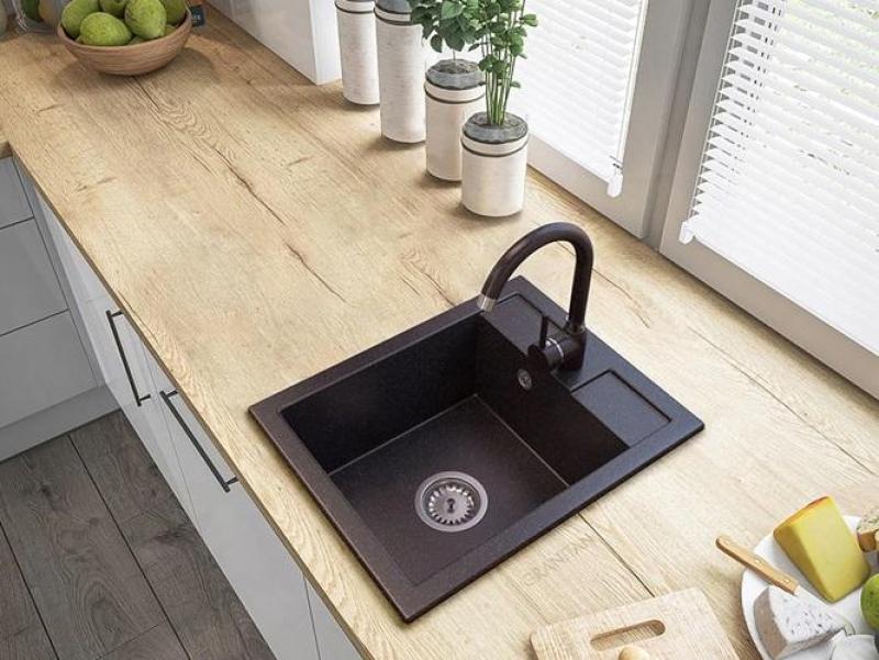 Graniteland Prest Granit Arduinstein-Hartstein-Look Spülbecken Tapwing mit Lochbank für Wasserhahn Aufbau 400x500mm mit Edelstahl-Stecker 1208971420