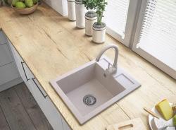 Graniteland Prest Granit beige Spülbecken Tapwing mit Lochbank für Wasserhahn Aufbau 400x500mm mit Edelstahlstöpsel 1208971422
