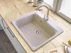 Graniteland Vastone Granit Spülbecken 619x522 mm Beige Aufbau mit Kranlochbank und Edelstahl Stopfen 1208971444