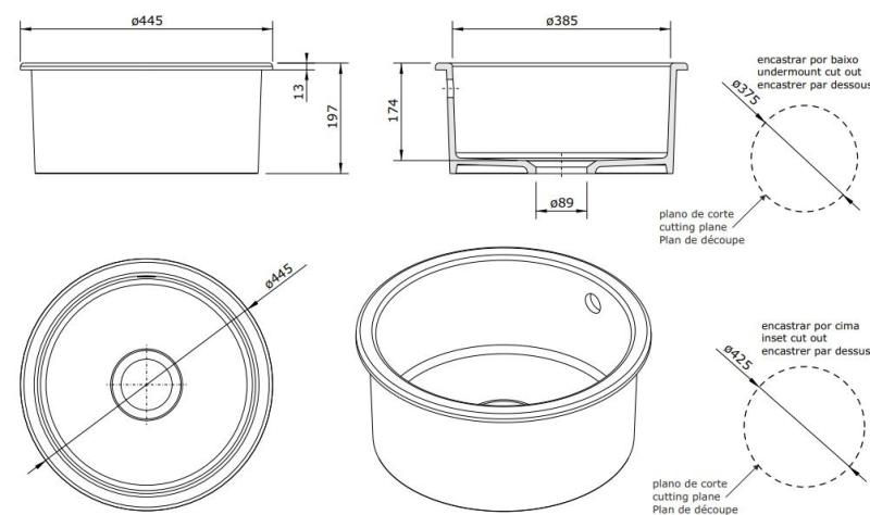 Ausmann Ceramic Ember Keramische Weiße Runde Spüle Aufbau und Unterbau mit goldenem Stecker 1208971461