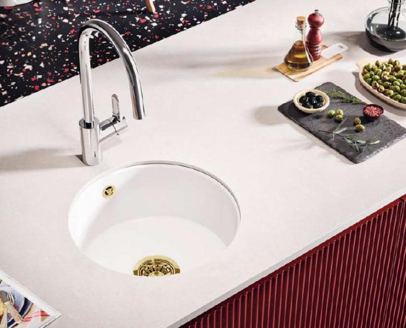 Ausmann Ceramic Ember Keramische Weiße Runde Spüle Aufbau und Unterbau mit goldenem Stecker 1208971461