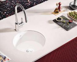 Ausmann Ceramic Ember Keramische Weiße Runde Spüle Aufbau und Unterbau mit weißem Plug 1208971465
