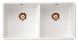 Ausmann Ceramic Mira Keramische Weiße Doppelspüle - Unterbau und Zwischenbau 890 x 456 mm mit Kupferstopfen 1208971472