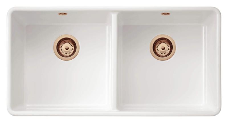 Ausmann Ceramic Mira Keramische Weiße Doppelspüle - Unterbau und Zwischenbau 890 x 456 mm mit Kupferstopfen 1208971472
