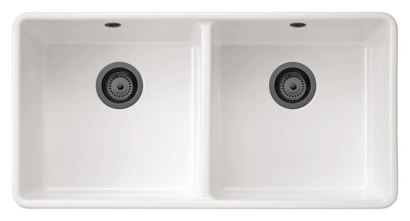 Ausmann Ceramic Mira Keramische Weiße Doppelspüle - Unterbau und Zwischenbau 890 x 456 mm mit Gun Metal Stopfen 1208971473