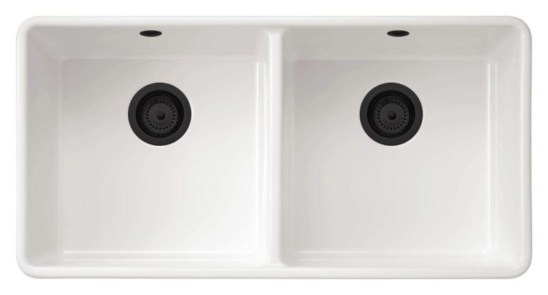 Ausmann Ceramic Mira Keramische Weißer Doppelspülbecken - Unterbau und Zwischenbau 890 x 456 mm mit schwarzen Stopfen 1208971474