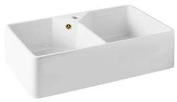 Ausmann Ceramic Mira Keramische Weiß Doppelspülbecken - Unterbau und Zwischenbau 793 x 450 mm mit Armaturenlochbank und goldenem Stecker 1208971476