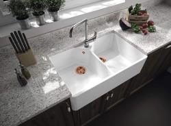 Ausmann Ceramic Mira Keramische Weißes Doppelwaschbecken - Unterbau und Zwischenbau 793 x 450 mm mit Armaturenbank und Kupferstopfen 1208971477