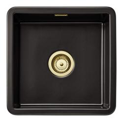 Ausmann Ceramic Ember Keramische Matte Schwarzes Quadratisches Aufbau- und Unterbauwaschbecken 40 x 40 cm mit goldenem Stopfen 1208971486