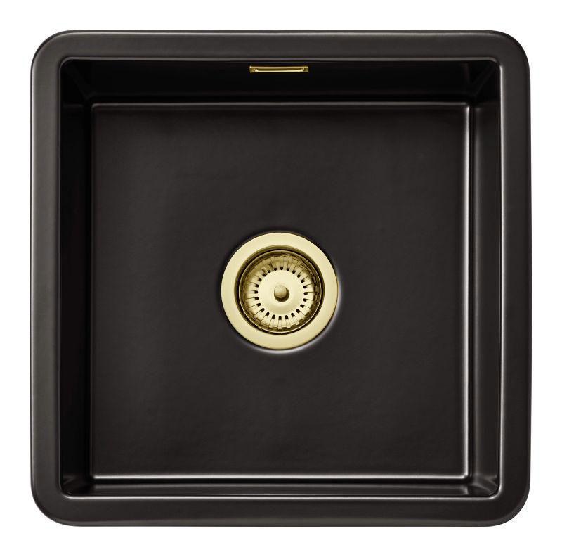 Ausmann Ceramic Ember Keramische Matte Schwarzes Quadratisches Aufbau- und Unterbauwaschbecken 40 x 40 cm mit goldenem Stopfen 1208971486