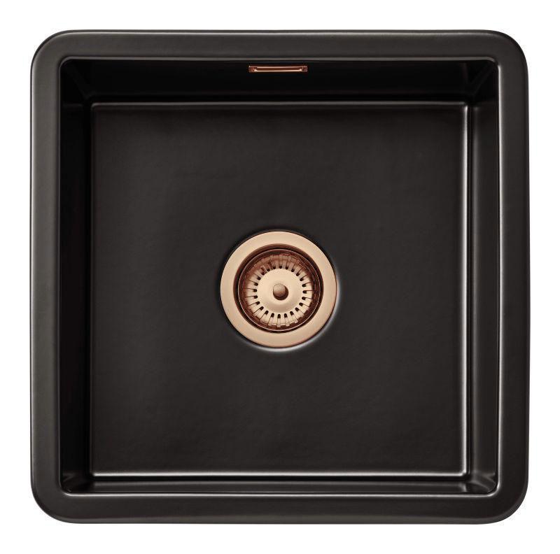 Ausmann Ceramic Ember Keramische Matte Schwarz Quadratische Spüle Aufbau und Unterbau 40 x 40 cm mit Kupferstöpsel 1208971487