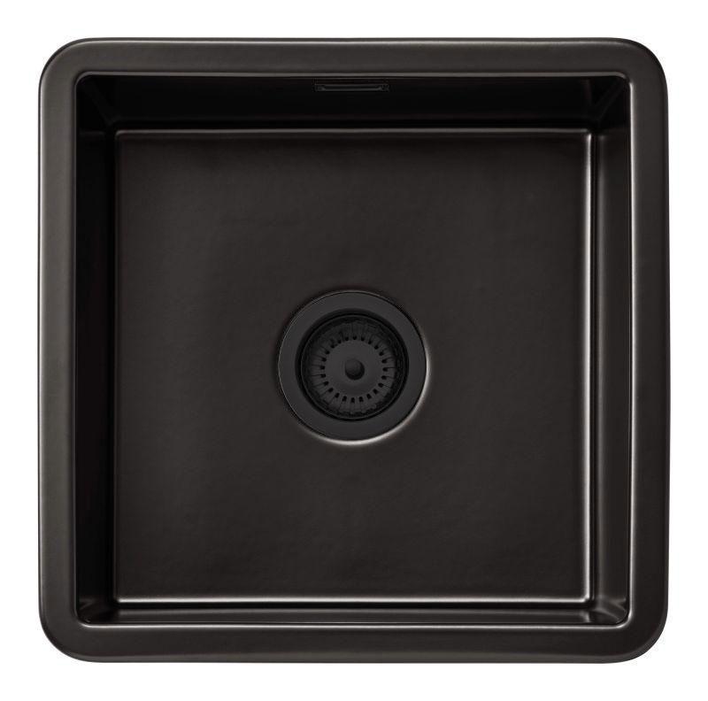 Ausmann Ceramic Ember Keramische Matte Schwarzes Quadrat Einbauspüle und Unterbauspüle 40 x 40 cm mit schwarzem Stopfen 1208971489