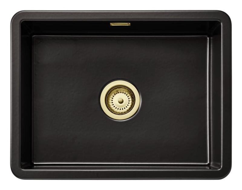 Ausmann Ceramic Ember Keramische Matt Schwarzes Spülbecken - Aufbau und Unterbau 54 x 40 cm mit goldenem Stecker 1208971496