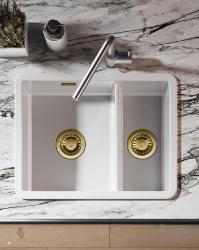 Ausmann Keramik Ember Keramische Weiß Anderthalb Spüle Aufbau und Unterbau 535 x 400 mm mit goldenen Steckern 1208971506
