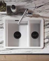 Ausmann Ceramic Ember Keramik Weiß Anderthalb Einbauspüle Aufbau und Unterbau 535 x 400 mm mit schwarzen Steckern 1208971509