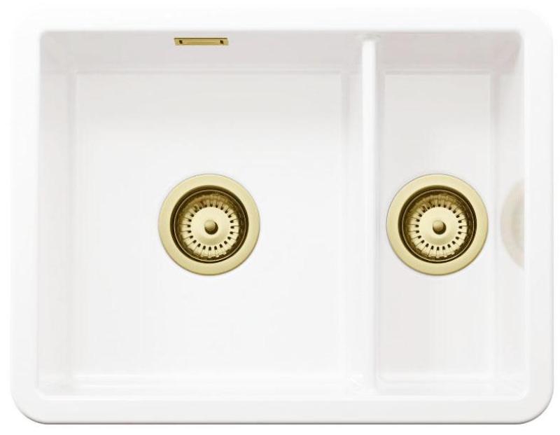 Ausmann Ceramic Ember Keramische Weiße Anderthalb Einbauspüle Aufbau und Unterbau 495 x 370 mm mit Goldenen Steckern 1208971511