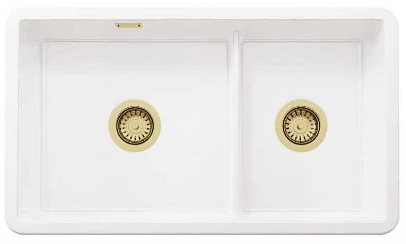 Ausmann Ceramic Ember Keramische Weiße Anderthalb Schüssel Aufbau und Unterbau 733 x 401 mm mit goldenen Steckern 1208971518