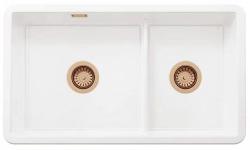 Ausmann Ceramic Ember Keramische Weiß Anderthalbe Einbauspüle Ober- und Unterbau 733 x 401 mm mit Kupferstöpseln 1208971519