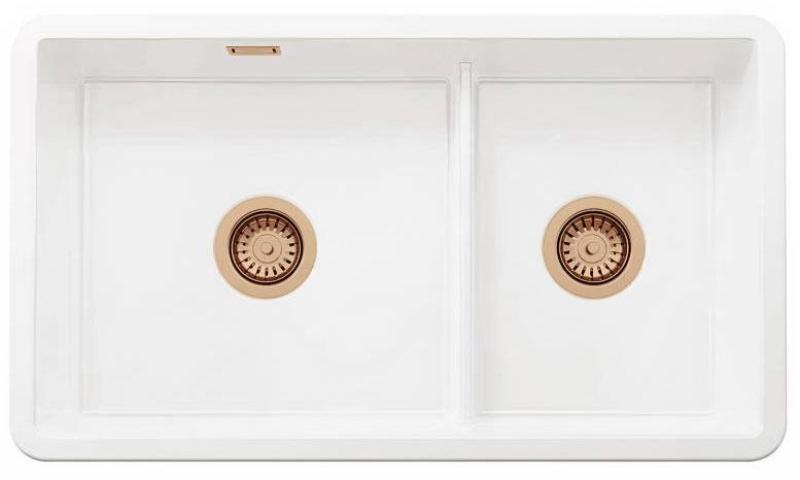Ausmann Ceramic Ember Keramische Weiß Anderthalbe Einbauspüle Ober- und Unterbau 733 x 401 mm mit Kupferstöpseln 1208971519