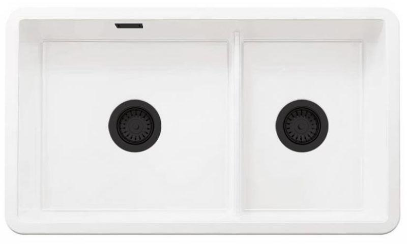 Ausmann Ceramic Ember Keramische Weiß Anderthalb Einbauspüle Aufbau und Unterbau 733 x 401 mm mit schwarzen Steckern 1208971521