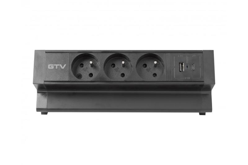 Basco Möbelsteckdose, 3 x Steckdose mit Erdung, USB A+C, 1,5m Kabel, schwarz mit Montage