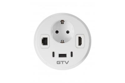 Möbelsteckdose RONDO, 1xSCHUKO, 1xUSB-A, 2xUSB-C, HDMI, RJ45 Kabel 1,5 m, weiß