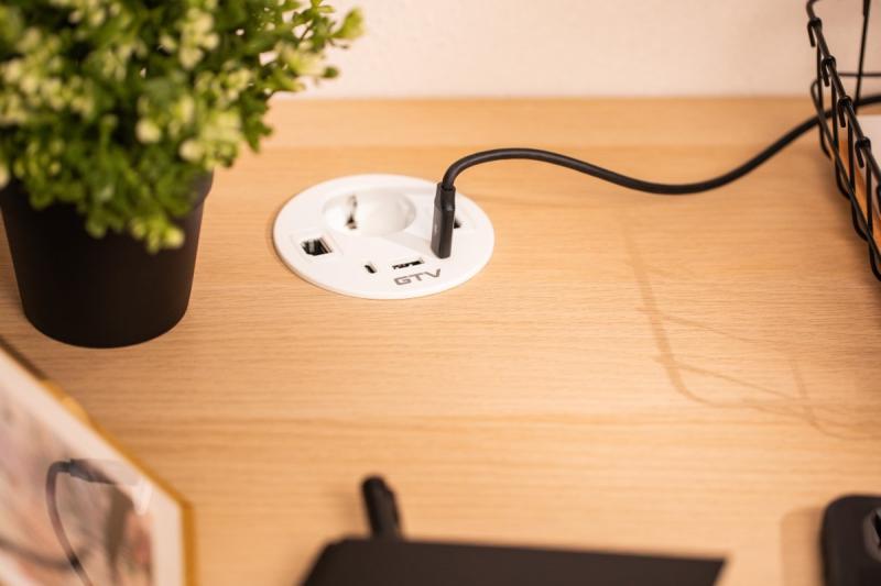 Möbelsteckdose RONDO, 1xSCHUKO, 1xUSB-A, 2xUSB-C, HDMI, RJ45 Kabel 1,5 m, weiß