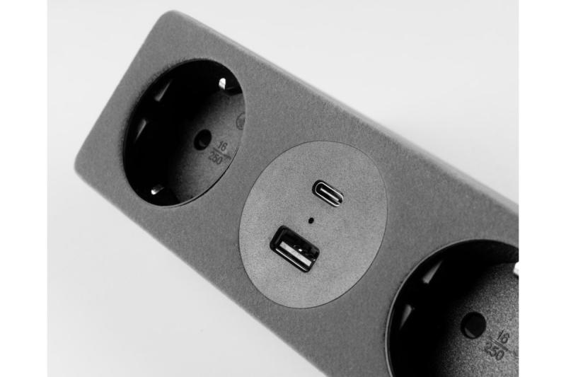 Möbelsteckdose SOFITO, 2xSCHUKO, USB A+C, Kabel 1,5 m, grauer Flock