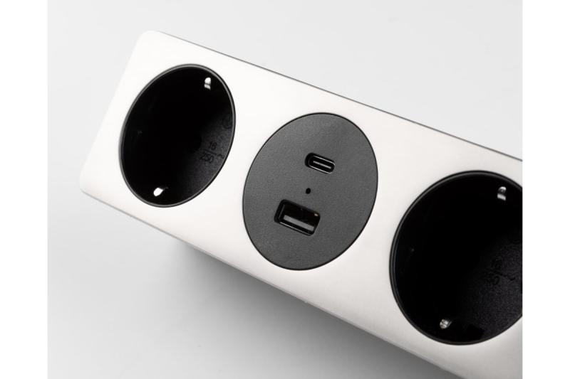 Möbelsteckdose SOFITO, 2xSCHUKO, USB A+C, Kabel 1,5 m, Edelstahl