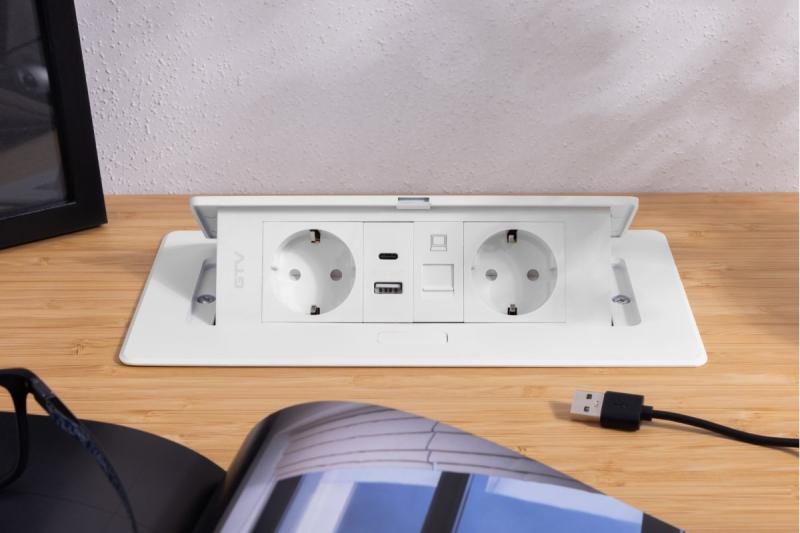 Möbelsteckdose MULTISOFT, 2xSCHUKO, USB A+C, RJ45, Kabel 1,5 m, weiß