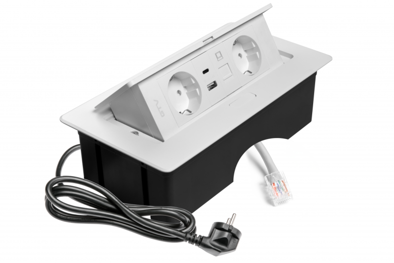 Möbelsteckdose MULTISOFT, 2xSCHUKO, USB A+C, RJ45, Kabel 1,5 m, weiß