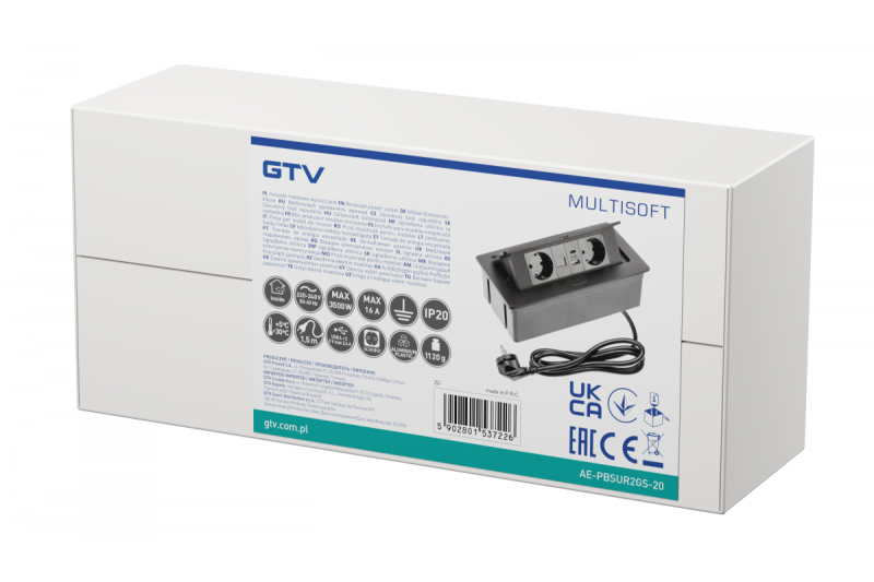 Möbelsteckdose MULTISOFT, 2xSCHUKO, USB A+C, RJ45, Kabel 1,5 m, schwarz