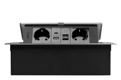 Möbelsteckdose MULTISOFT, 2x SCHUKO, USB A+C, RJ45, Kabel 1,5 m, Aluminium