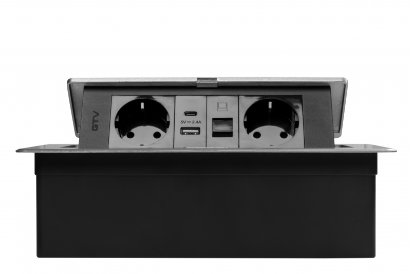 Möbelsteckdose MULTISOFT, 2x SCHUKO, USB A+C, RJ45, Kabel 1,5 m, Aluminium