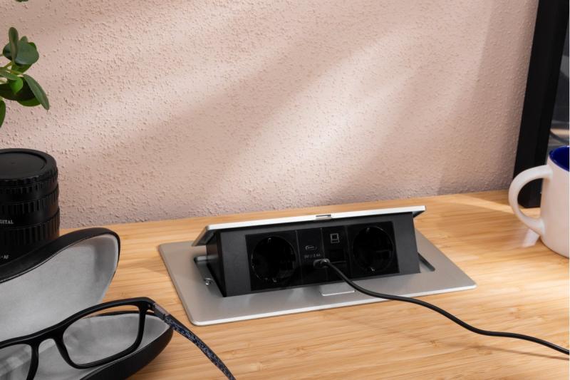 Möbelsteckdose MULTISOFT, 2x SCHUKO, USB A+C, RJ45, Kabel 1,5 m, Aluminium