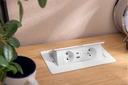 MULTISOFT Möbelsteckdose 2x Steckdose mit Erdung, USB A+C, RJ45, Stromkabel mit Stecker, Weiß