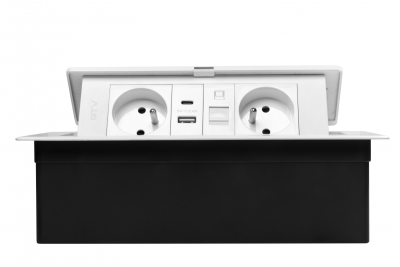 MULTISOFT Möbelsteckdose 2x Steckdose mit Erdung, USB A+C, RJ45, Stromkabel mit Stecker, Weiß