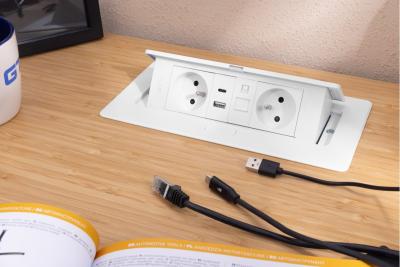 MULTISOFT Möbelsteckdose 2x Steckdose mit Erdung, USB A+C, RJ45, Stromkabel mit Stecker, Weiß